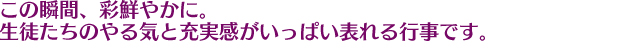 この瞬間、彩鮮やかに。生徒たちのやる気と充実感がいっぱい表れる行事です。